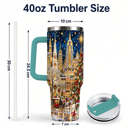 #pl[40oz|Green] Vintage Christmas 40oz Tumbler with Handle, Snowy City Tree Art