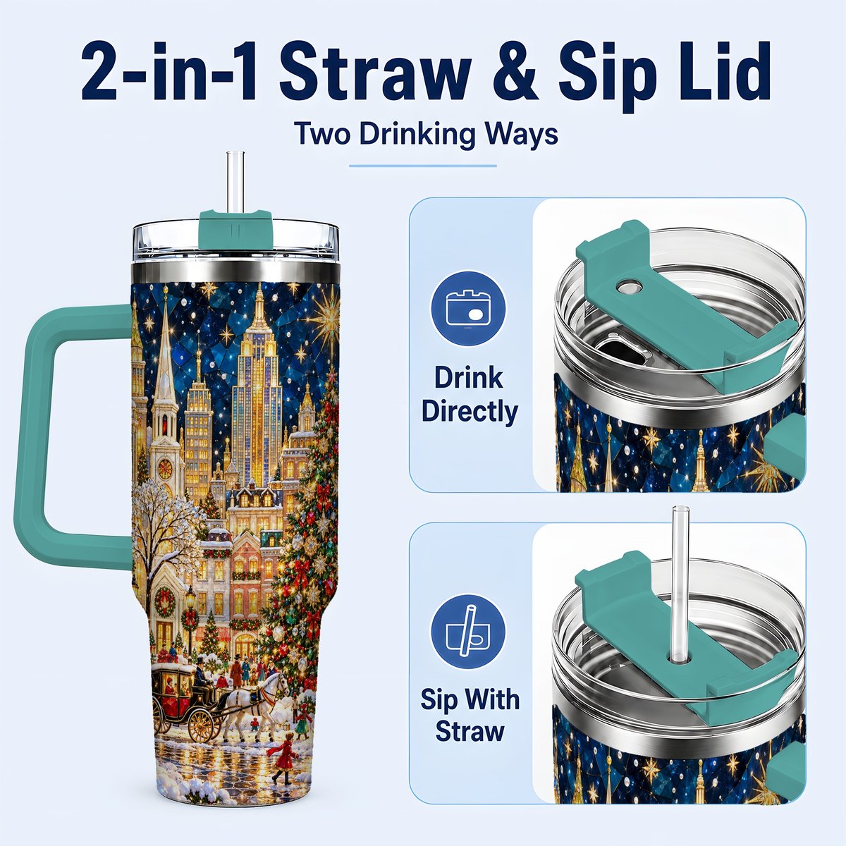 #pl[40oz|Green] Vintage Christmas 40oz Tumbler with Handle, Snowy City Tree Art