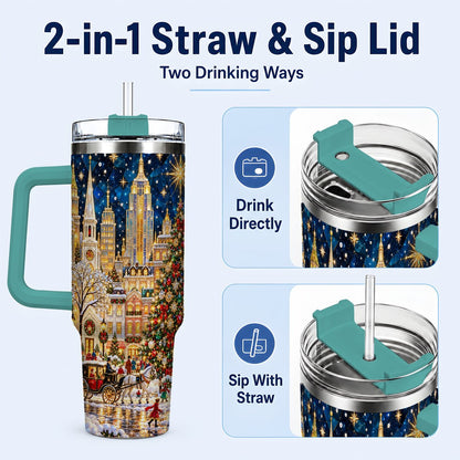 #pl[40oz|Green] Vintage Christmas 40oz Tumbler with Handle, Snowy City Tree Art