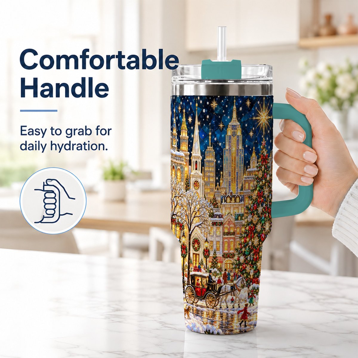 #pl[40oz|Green] Vintage Christmas 40oz Tumbler with Handle, Snowy City Tree Art