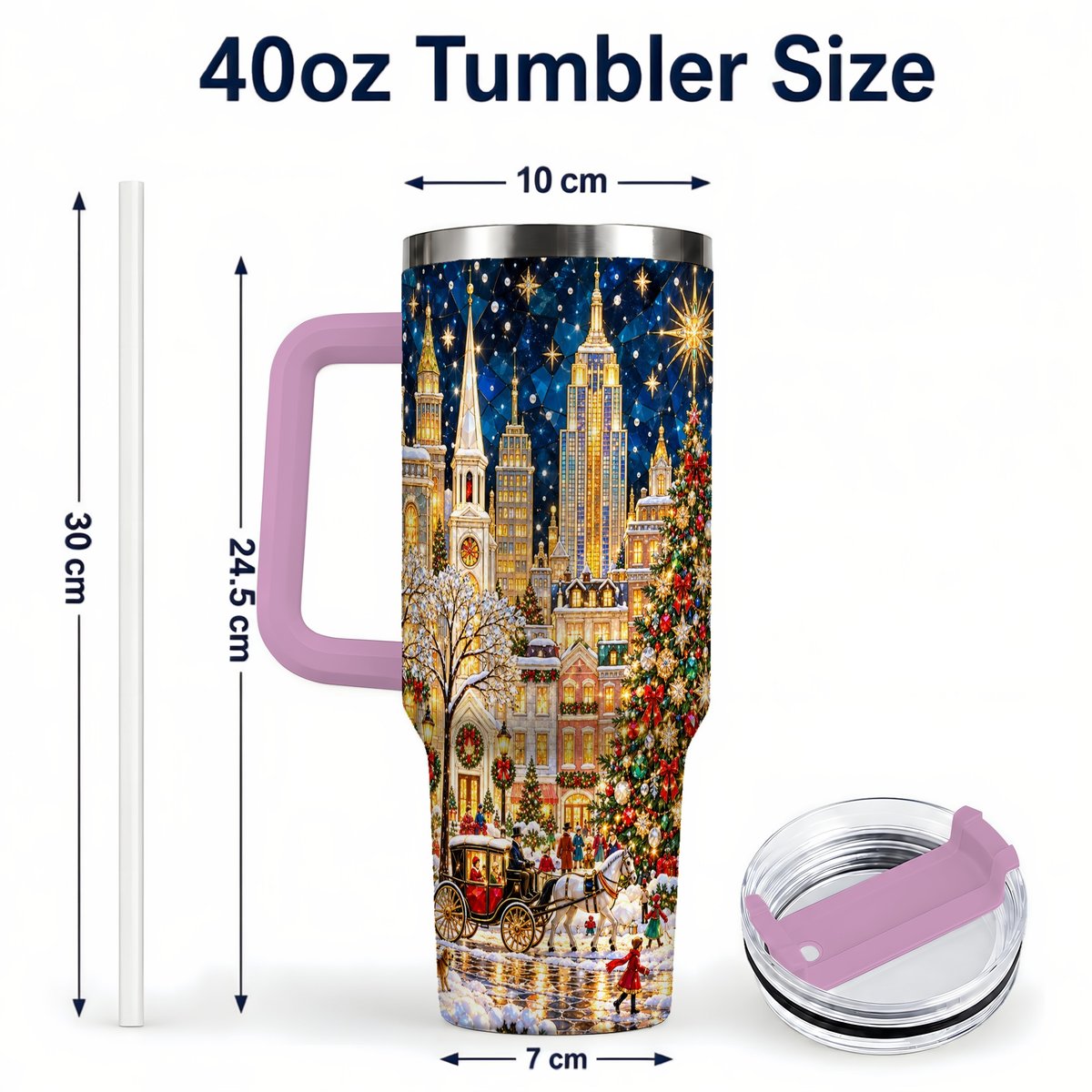 #pl[40oz|Pink] Vintage Christmas 40oz Tumbler with Handle, Snowy City Tree Art