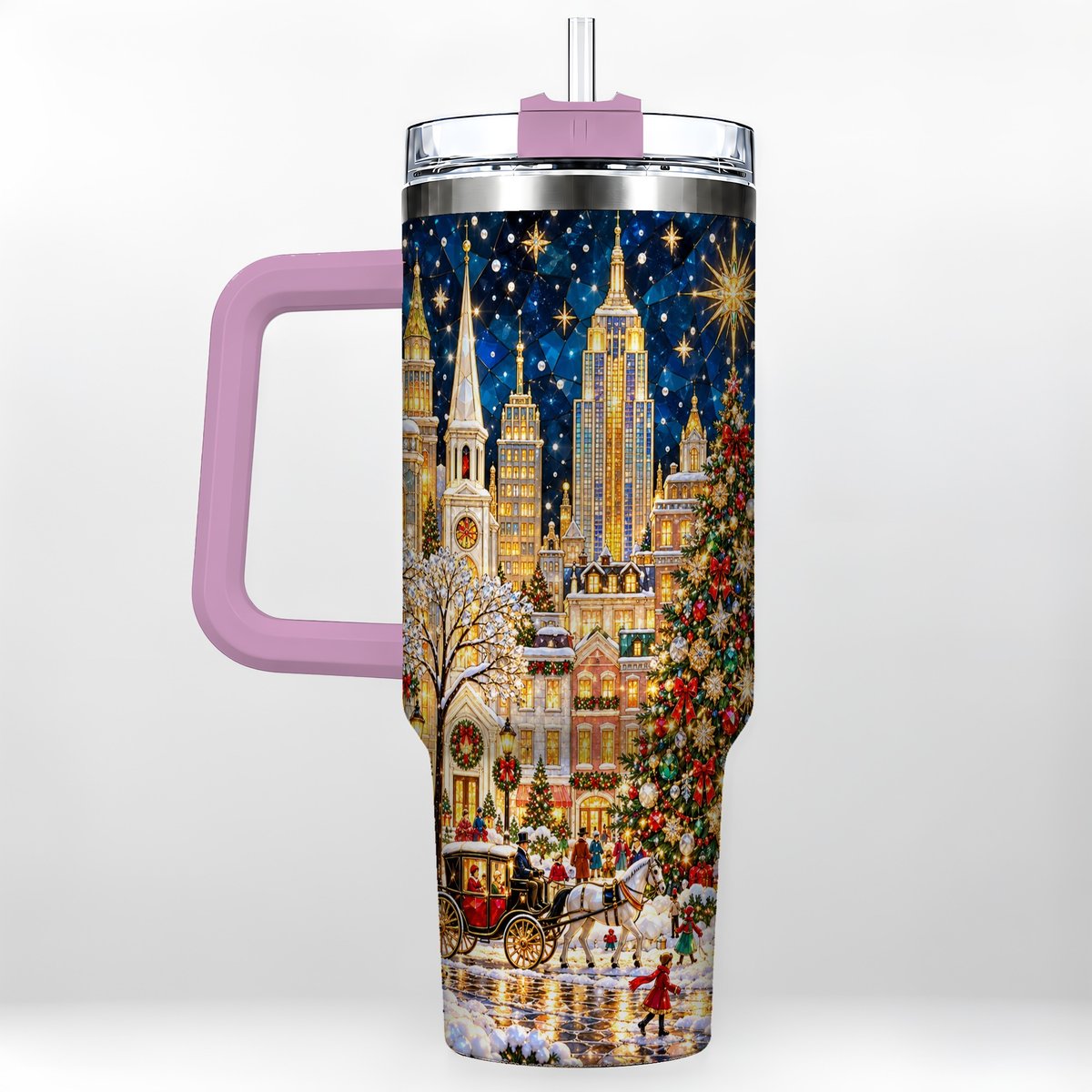 #pl[40oz|Pink] Vintage Christmas 40oz Tumbler with Handle, Snowy City Tree Art