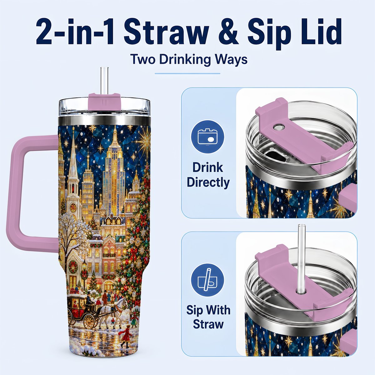 #pl[40oz|Pink] Vintage Christmas 40oz Tumbler with Handle, Snowy City Tree Art