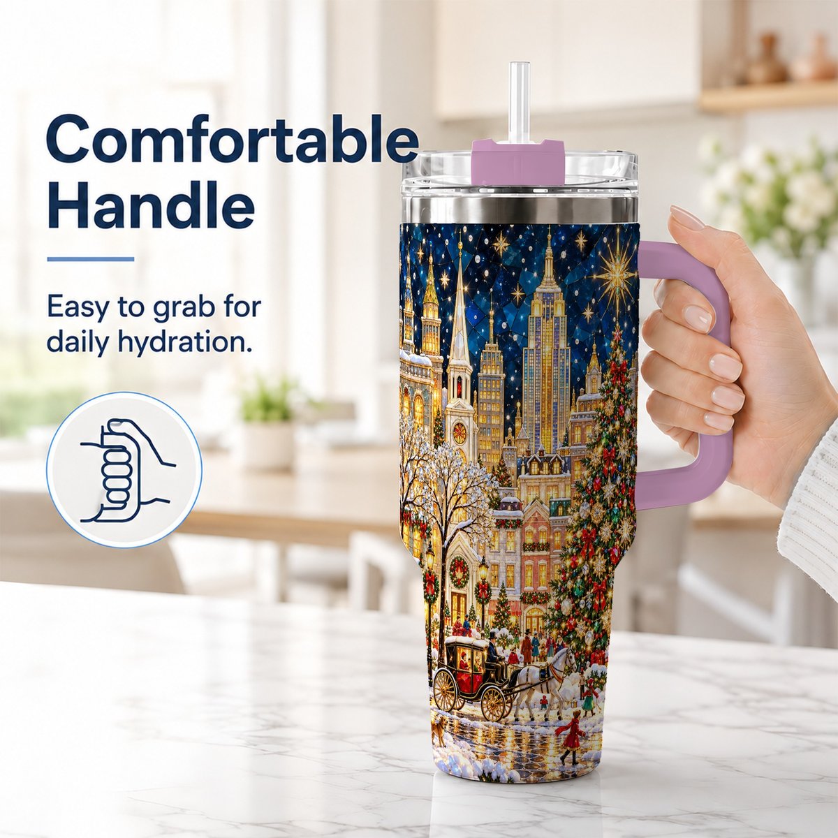 #pl[40oz|Pink] Vintage Christmas 40oz Tumbler with Handle, Snowy City Tree Art
