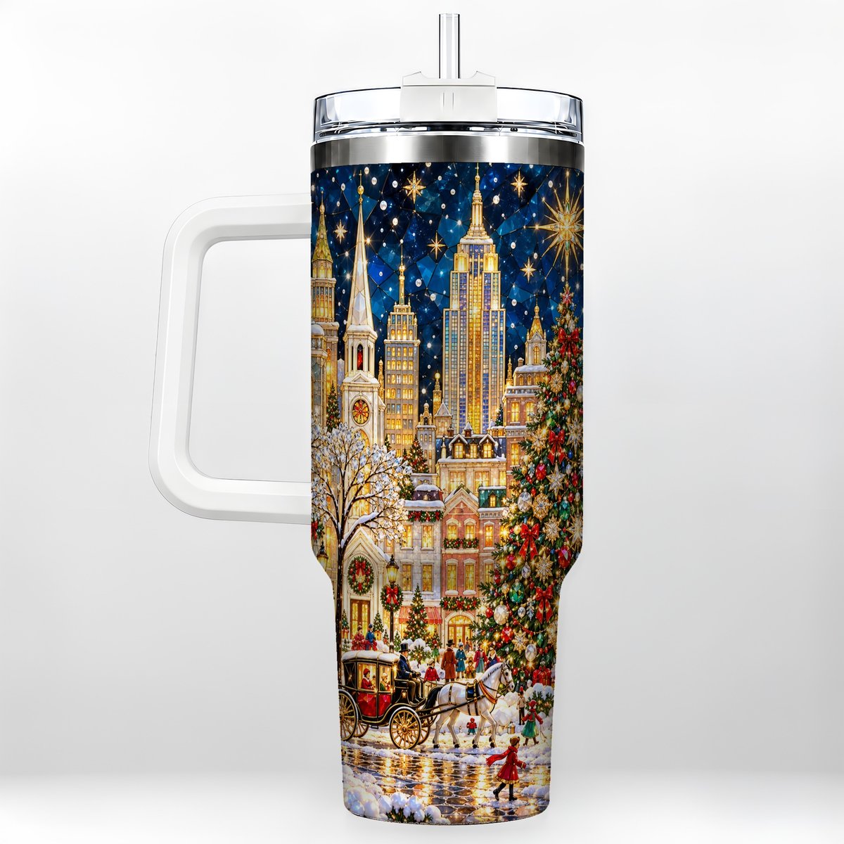Vintage Christmas 40oz Tumbler with Handle, Snowy City Tree Art