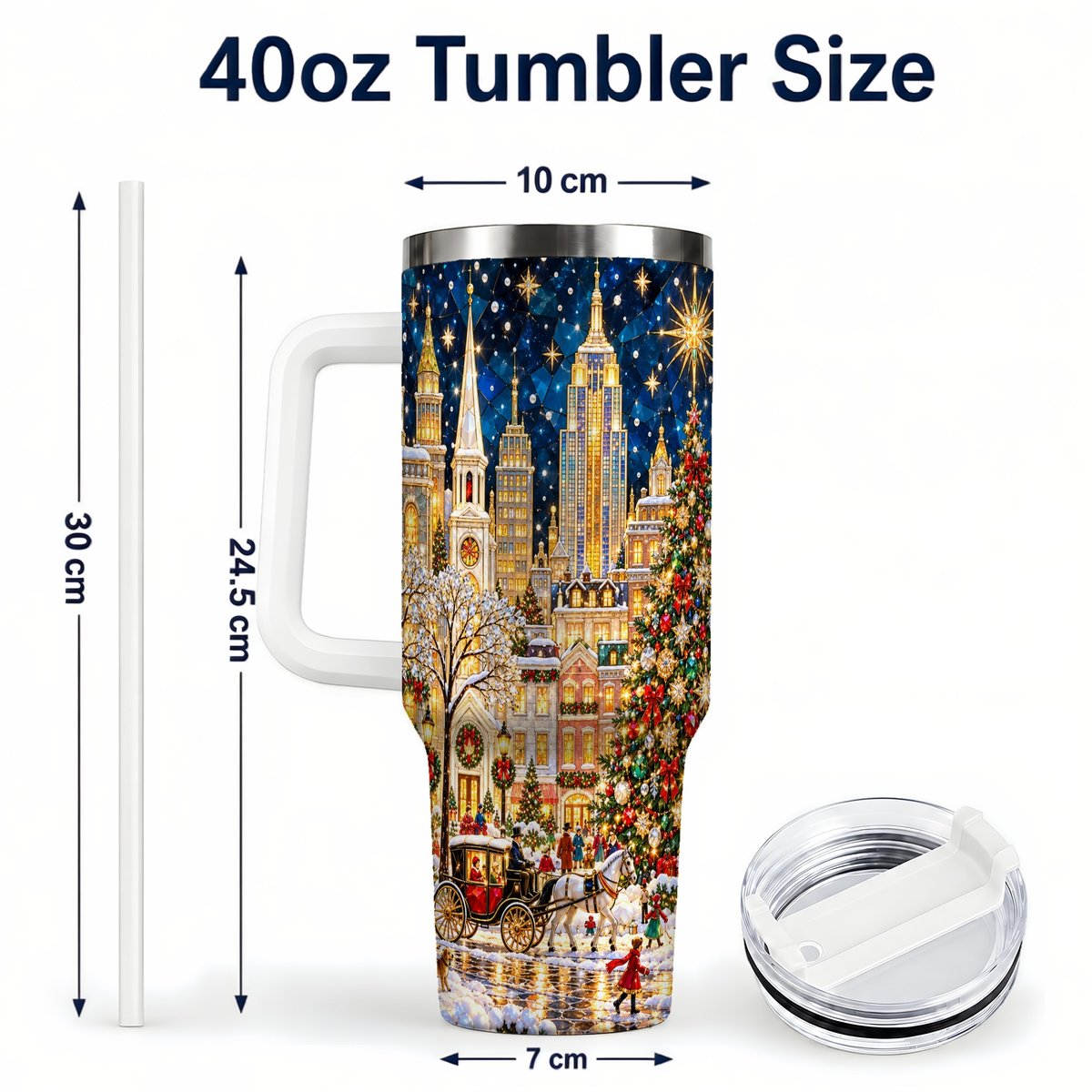 #pl[40oz|White] Vintage Christmas 40oz Tumbler with Handle, Snowy City Tree Art