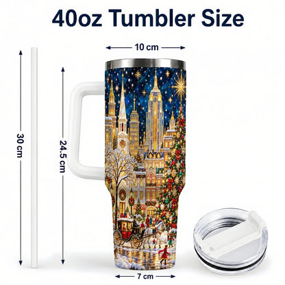 #pl[40oz|White] Vintage Christmas 40oz Tumbler with Handle, Snowy City Tree Art