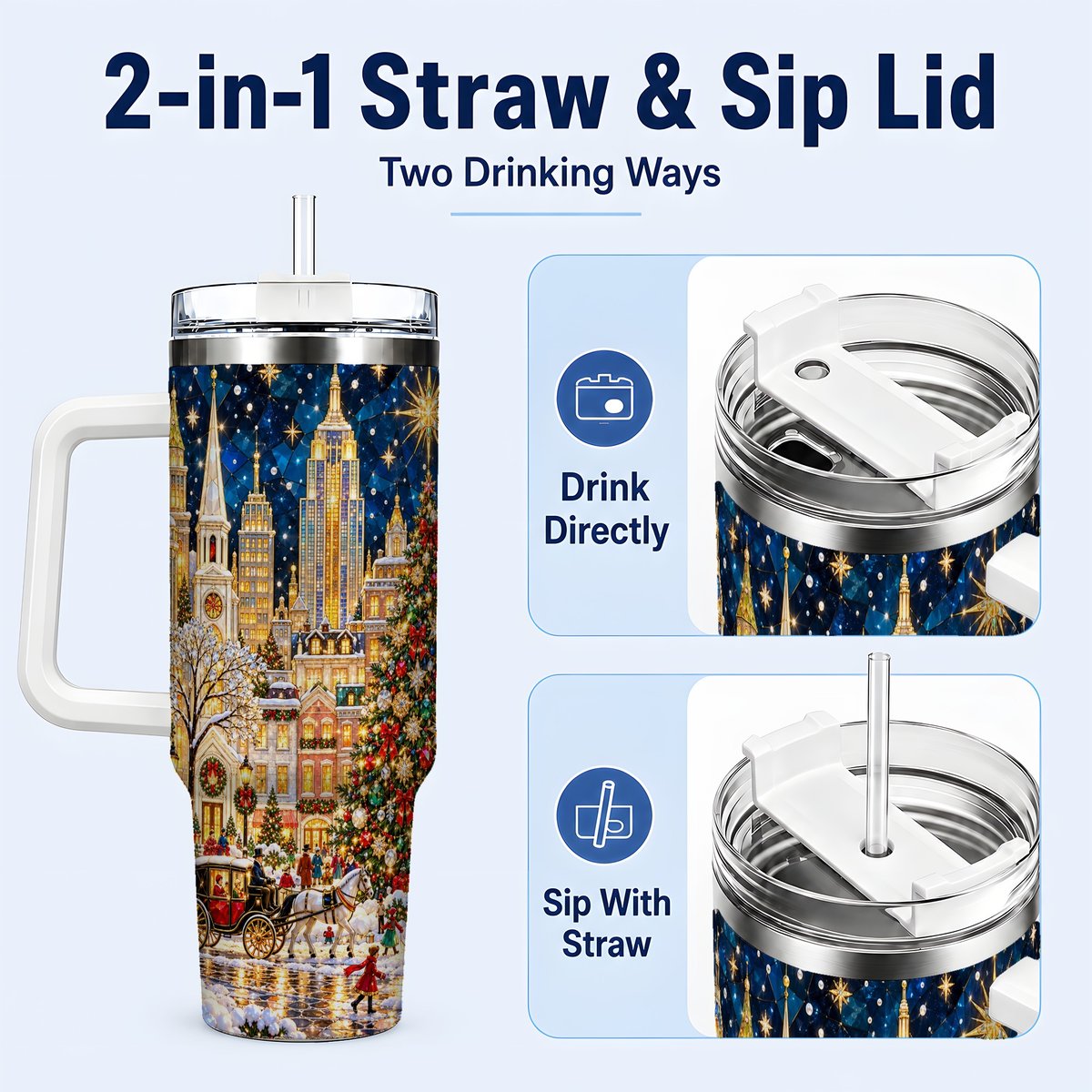#pl[40oz|White] Vintage Christmas 40oz Tumbler with Handle, Snowy City Tree Art