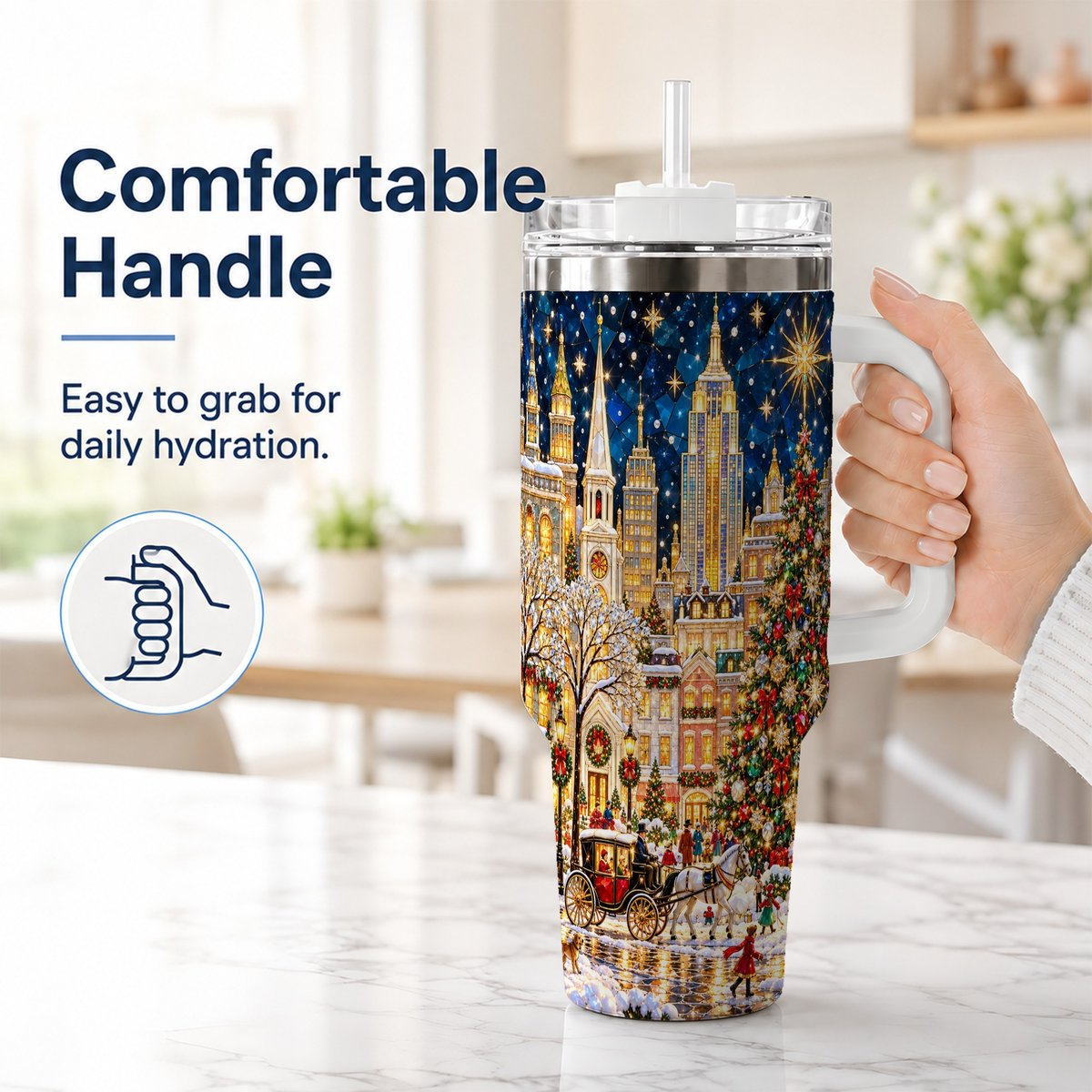 #pl[40oz|White] Vintage Christmas 40oz Tumbler with Handle, Snowy City Tree Art