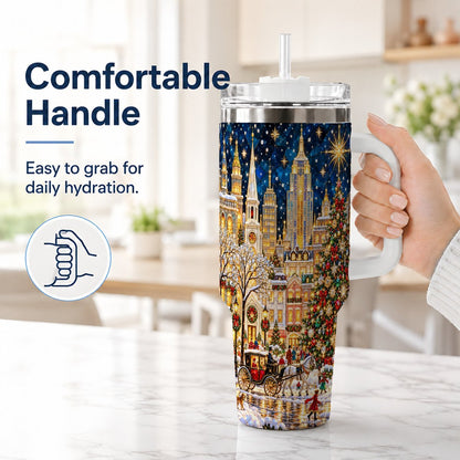 #pl[40oz|White] Vintage Christmas 40oz Tumbler with Handle, Snowy City Tree Art