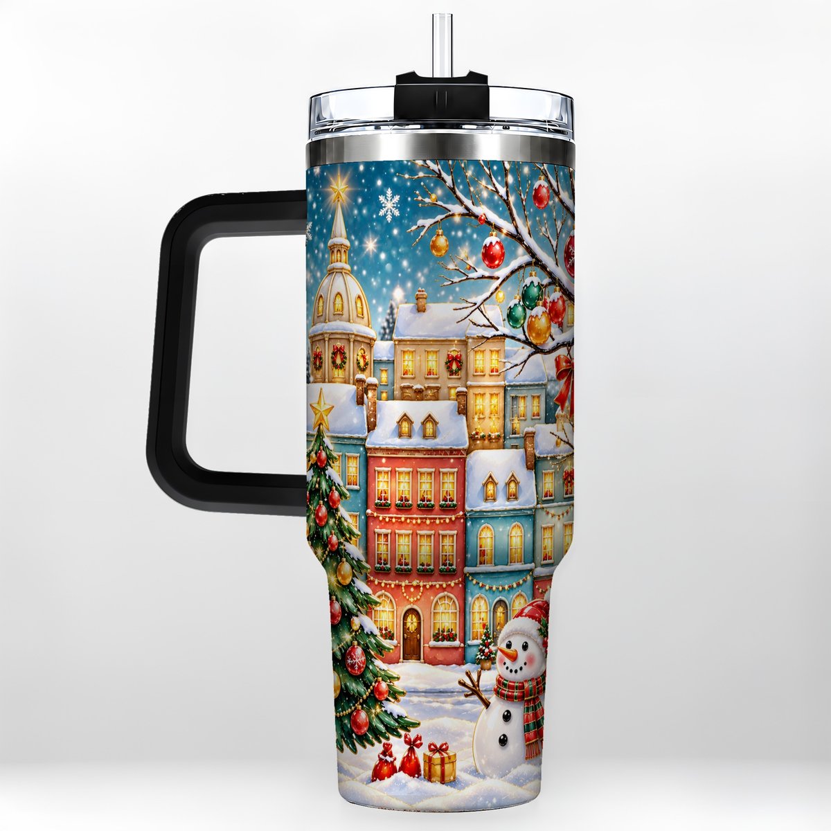 #pl[40oz|Black] Snowman Village 40oz Tumbler with Handle, Christmas Tree Art
