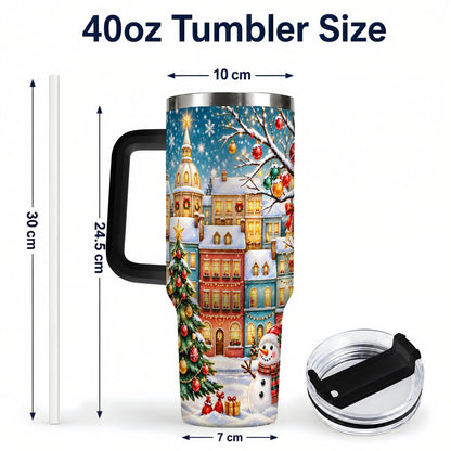 #pl[40oz|Black] Snowman Village 40oz Tumbler with Handle, Christmas Tree Art