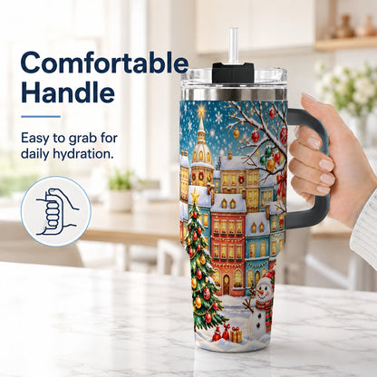 #pl[40oz|Black] Snowman Village 40oz Tumbler with Handle, Christmas Tree Art