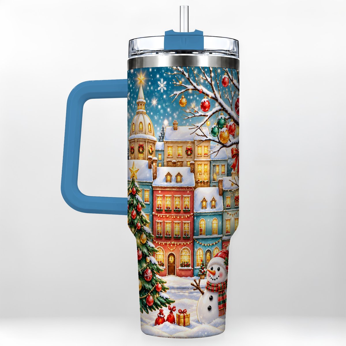 #pl[40oz|Blue] Snowman Village 40oz Tumbler with Handle, Christmas Tree Art