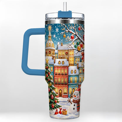 #pl[40oz|Blue] Snowman Village 40oz Tumbler with Handle, Christmas Tree Art