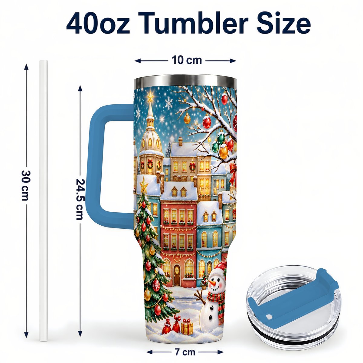 #pl[40oz|Blue] Snowman Village 40oz Tumbler with Handle, Christmas Tree Art