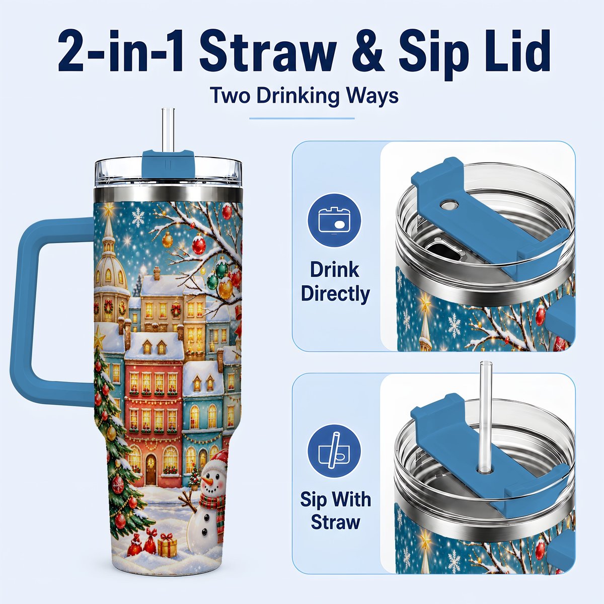 #pl[40oz|Blue] Snowman Village 40oz Tumbler with Handle, Christmas Tree Art