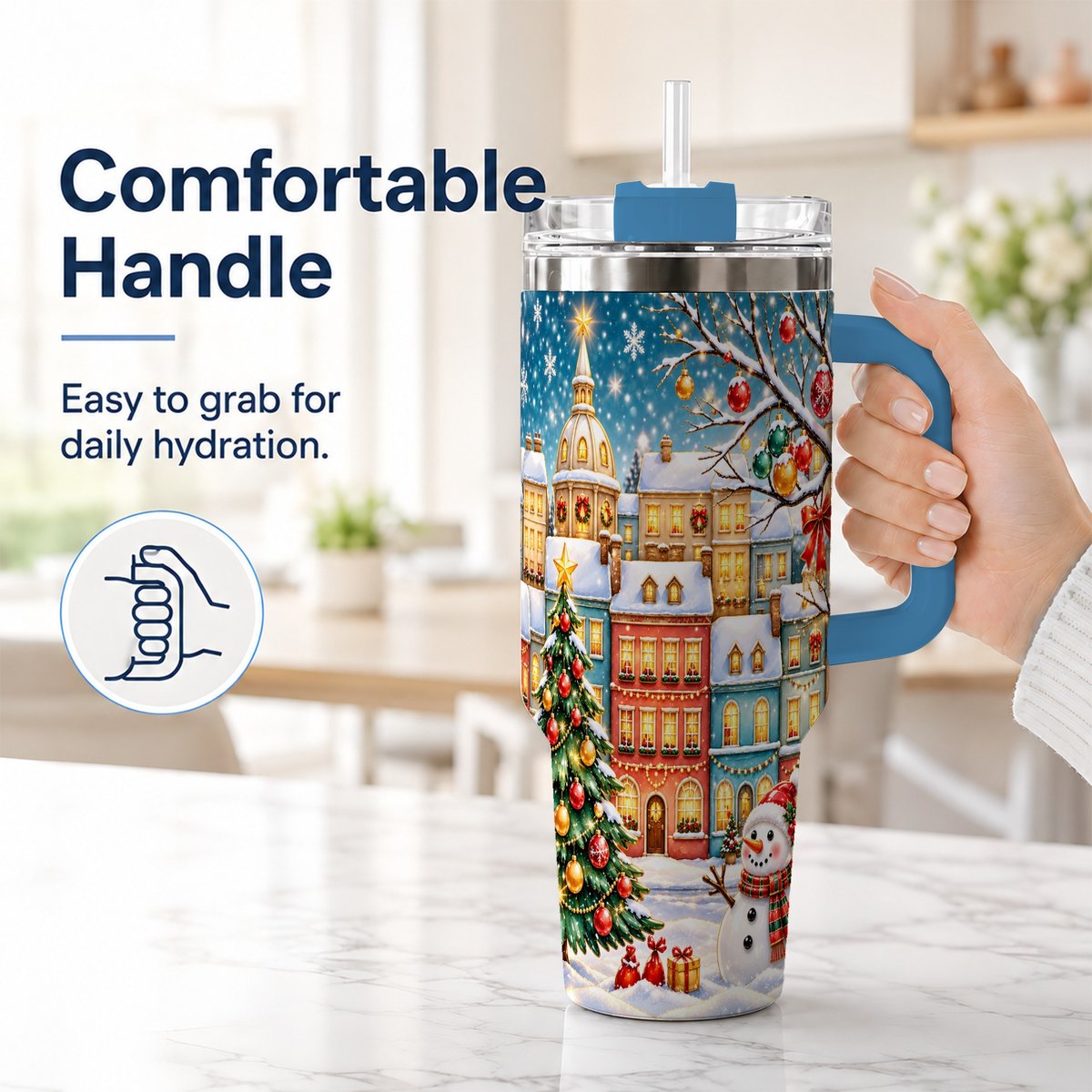#pl[40oz|Blue] Snowman Village 40oz Tumbler with Handle, Christmas Tree Art