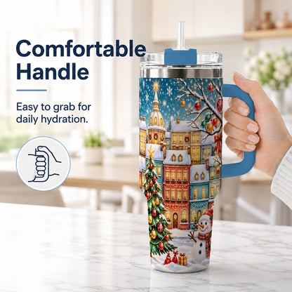 #pl[40oz|Blue] Snowman Village 40oz Tumbler with Handle, Christmas Tree Art