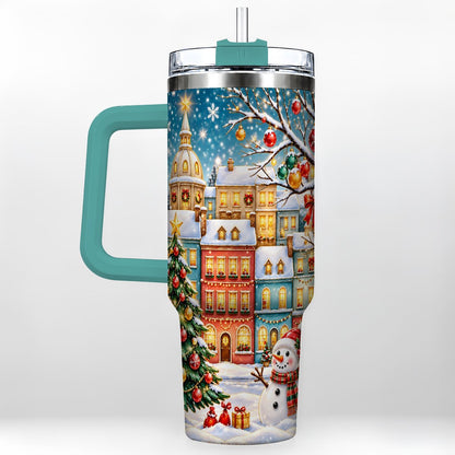 #pl[40oz|Green] Snowman Village 40oz Tumbler with Handle, Christmas Tree Art