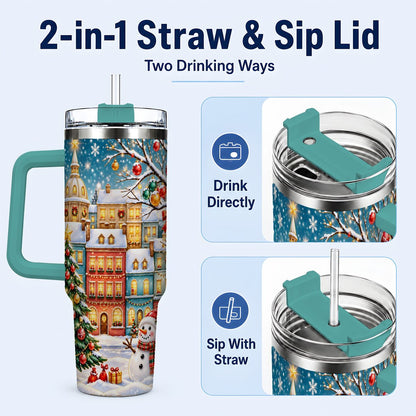 #pl[40oz|Green] Snowman Village 40oz Tumbler with Handle, Christmas Tree Art
