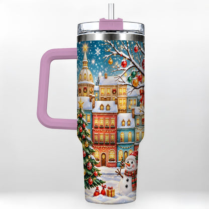 #pl[40oz|Pink] Snowman Village 40oz Tumbler with Handle, Christmas Tree Art