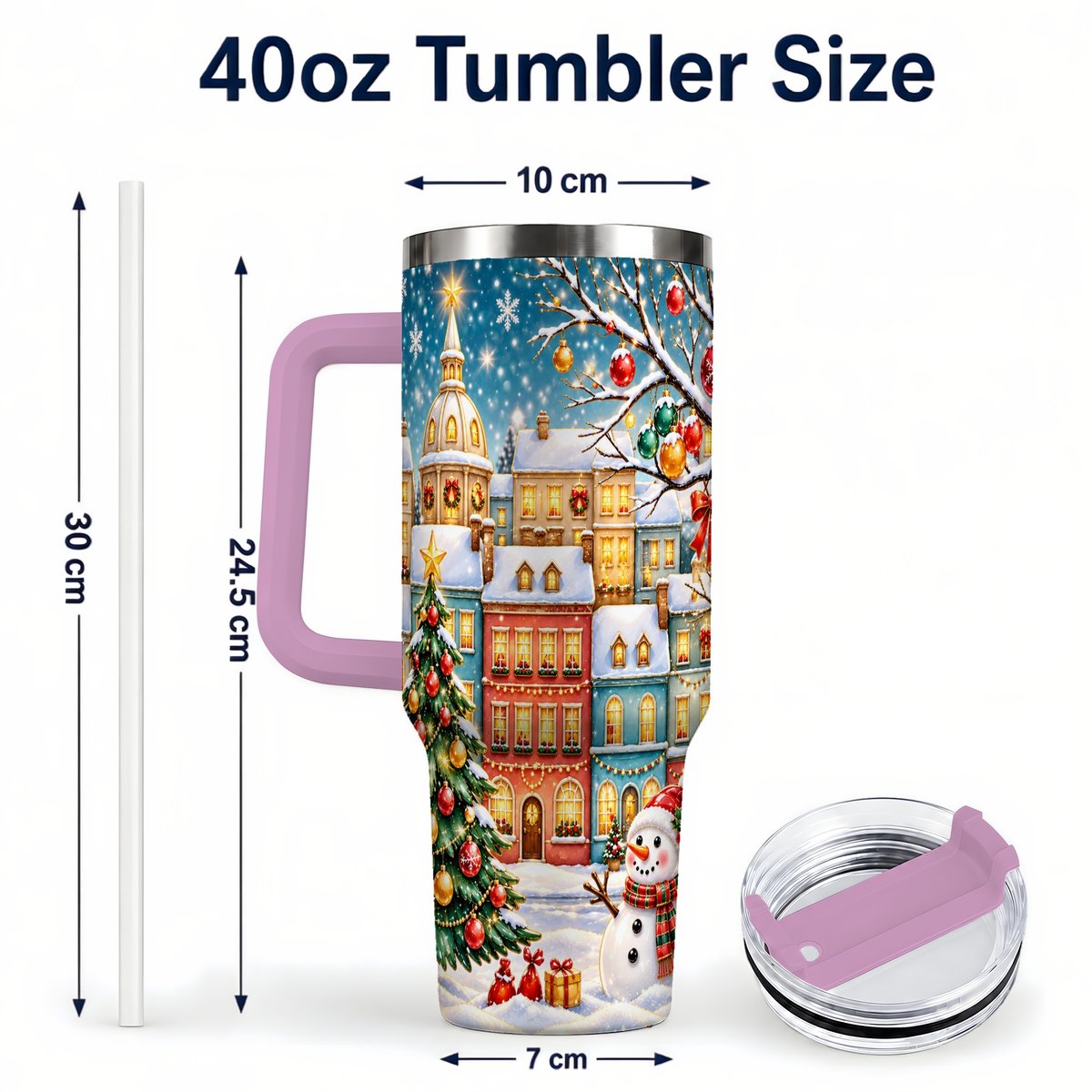 #pl[40oz|Pink] Snowman Village 40oz Tumbler with Handle, Christmas Tree Art