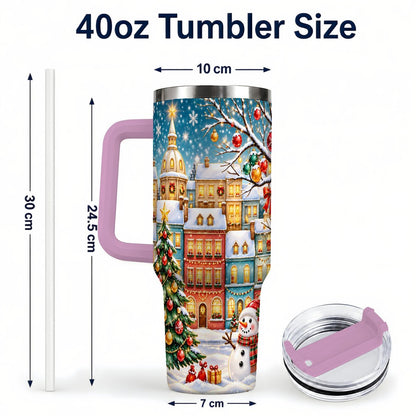#pl[40oz|Pink] Snowman Village 40oz Tumbler with Handle, Christmas Tree Art
