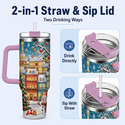 #pl[40oz|Pink] Snowman Village 40oz Tumbler with Handle, Christmas Tree Art