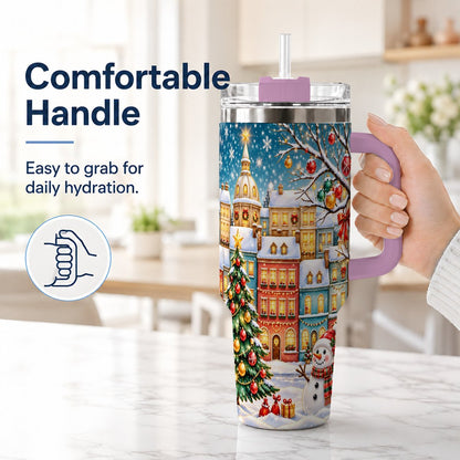 #pl[40oz|Pink] Snowman Village 40oz Tumbler with Handle, Christmas Tree Art