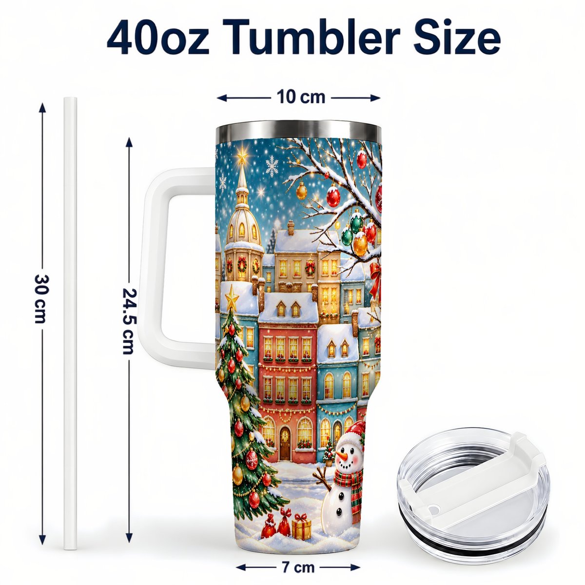 #pl[40oz|White] Snowman Village 40oz Tumbler with Handle, Christmas Tree Art