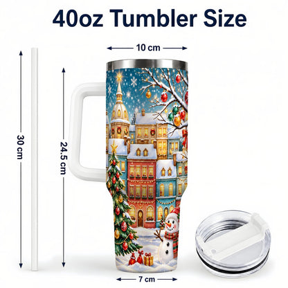 #pl[40oz|White] Snowman Village 40oz Tumbler with Handle, Christmas Tree Art