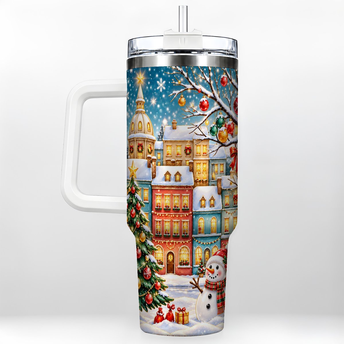 Snowman Village 40oz Tumbler with Handle, Christmas Tree Art