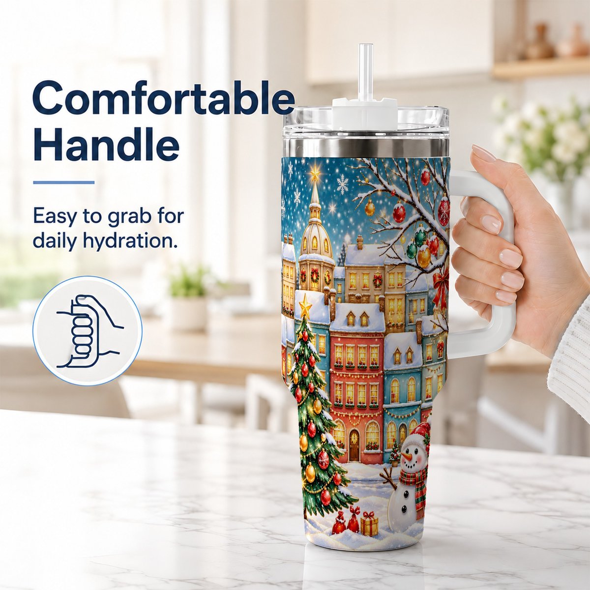#pl[40oz|White] Snowman Village 40oz Tumbler with Handle, Christmas Tree Art