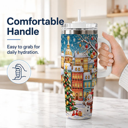 #pl[40oz|White] Snowman Village 40oz Tumbler with Handle, Christmas Tree Art