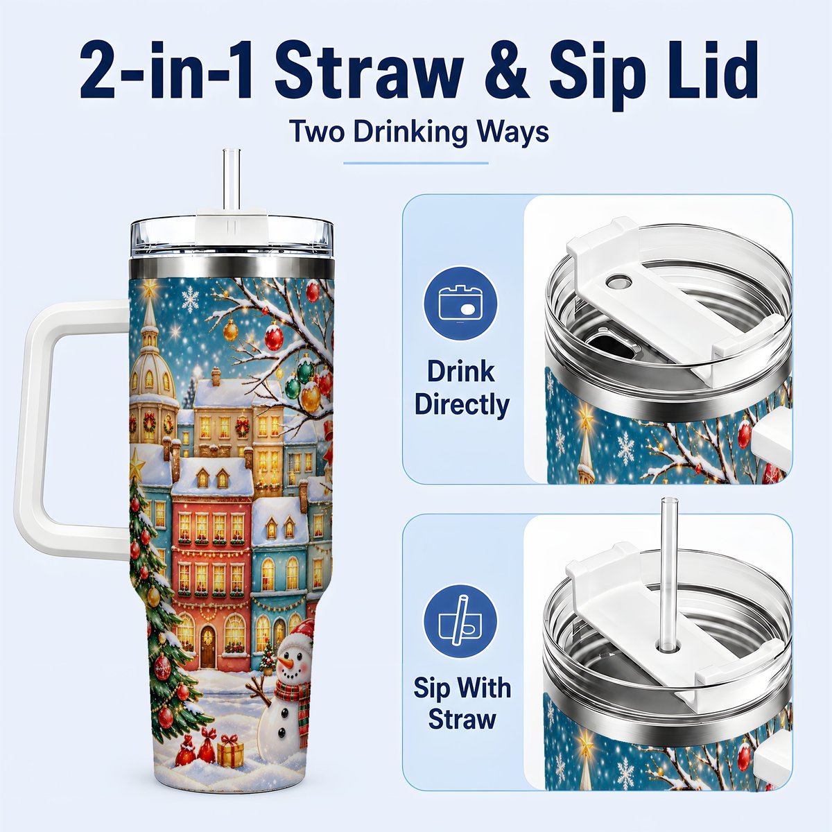 #pl[40oz|White] Snowman Village 40oz Tumbler with Handle, Christmas Tree Art