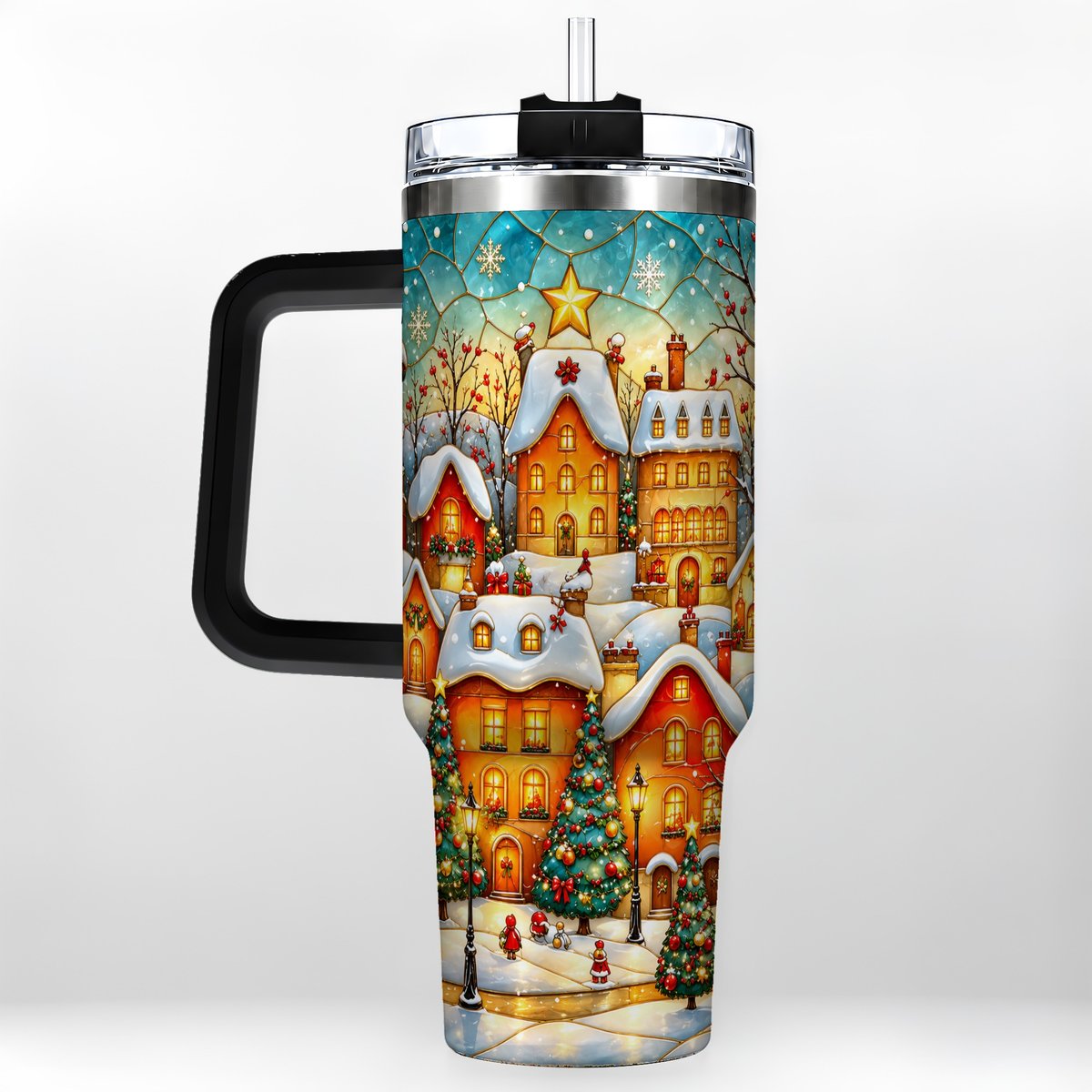 #pl[40oz|Black] Christmas Village 40oz Tumbler with Handle, Snowy Town Scene