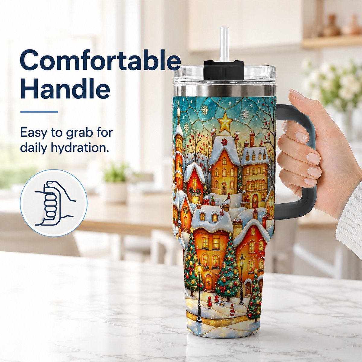 #pl[40oz|Black] Christmas Village 40oz Tumbler with Handle, Snowy Town Scene
