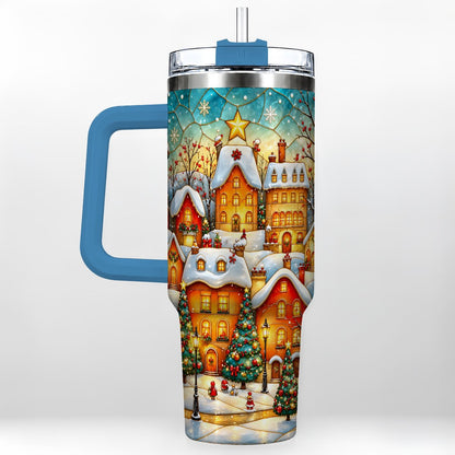 #pl[40oz|Blue] Christmas Village 40oz Tumbler with Handle, Snowy Town Scene