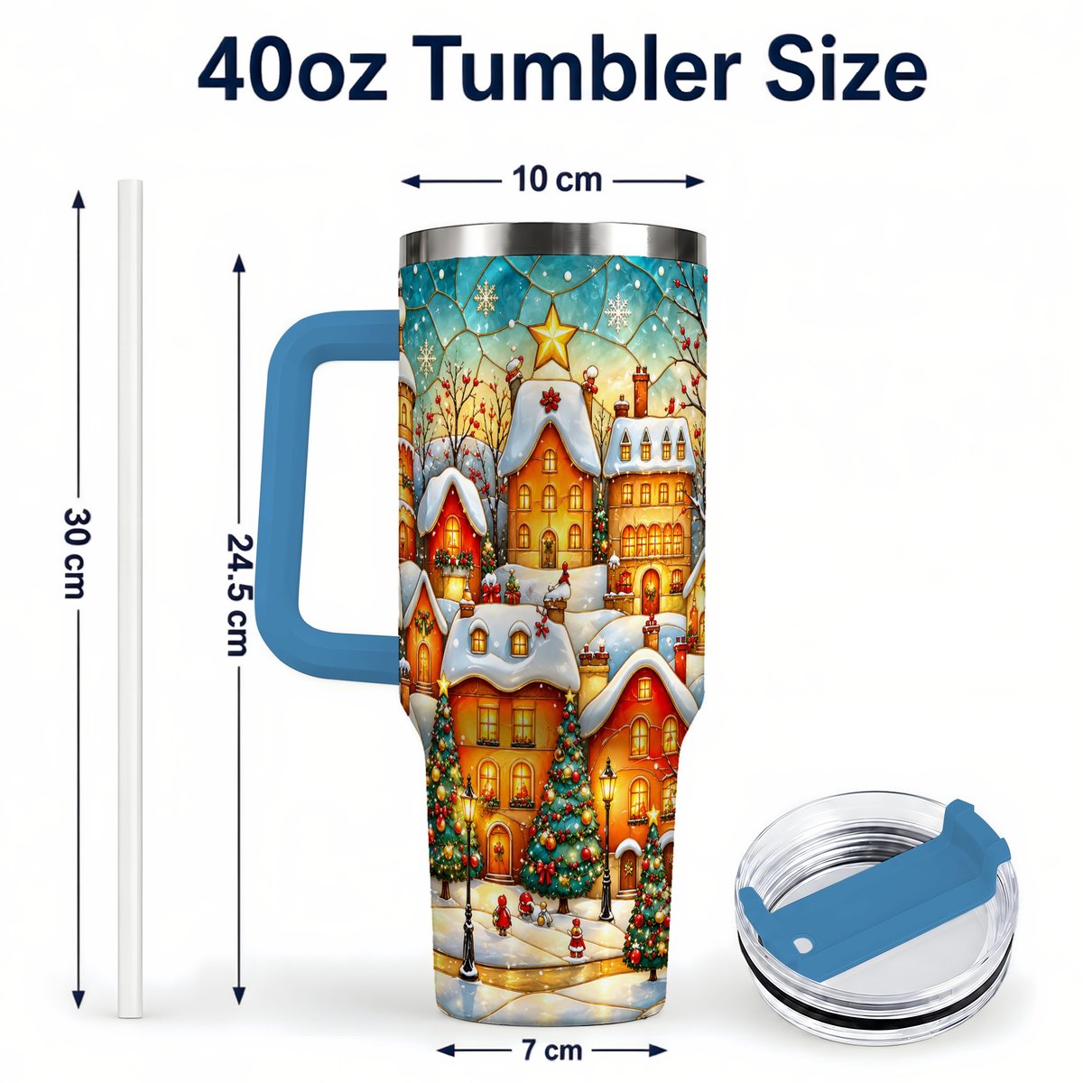 #pl[40oz|Blue] Christmas Village 40oz Tumbler with Handle, Snowy Town Scene