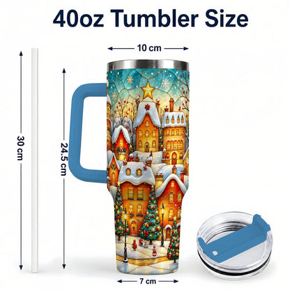 #pl[40oz|Blue] Christmas Village 40oz Tumbler with Handle, Snowy Town Scene