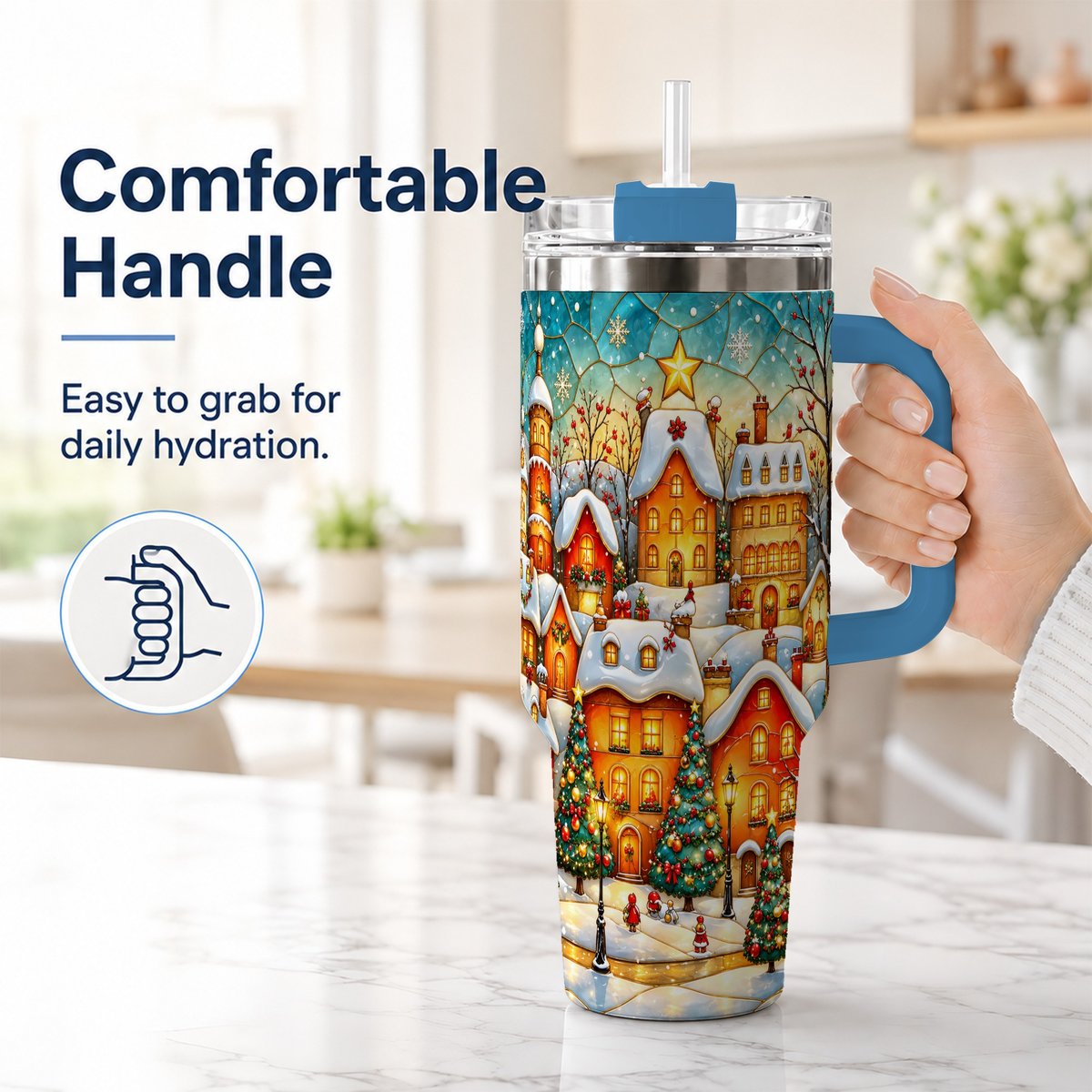 #pl[40oz|Blue] Christmas Village 40oz Tumbler with Handle, Snowy Town Scene