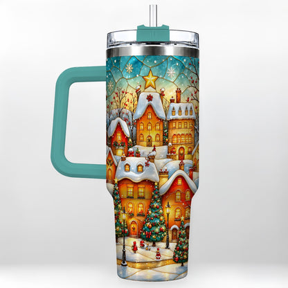#pl[40oz|Green] Christmas Village 40oz Tumbler with Handle, Snowy Town Scene