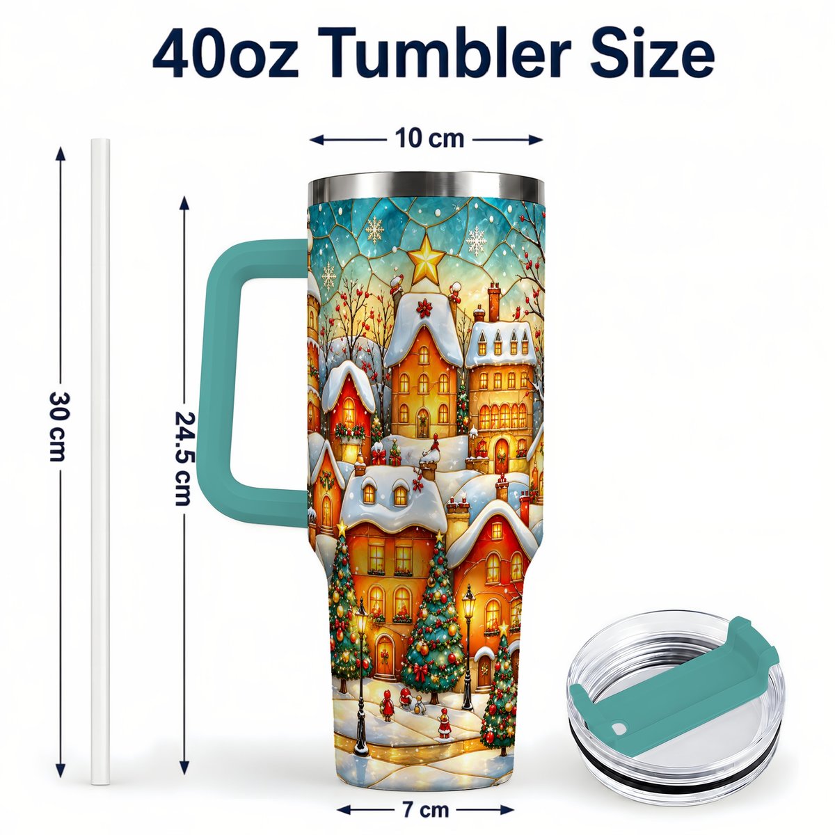 #pl[40oz|Green] Christmas Village 40oz Tumbler with Handle, Snowy Town Scene