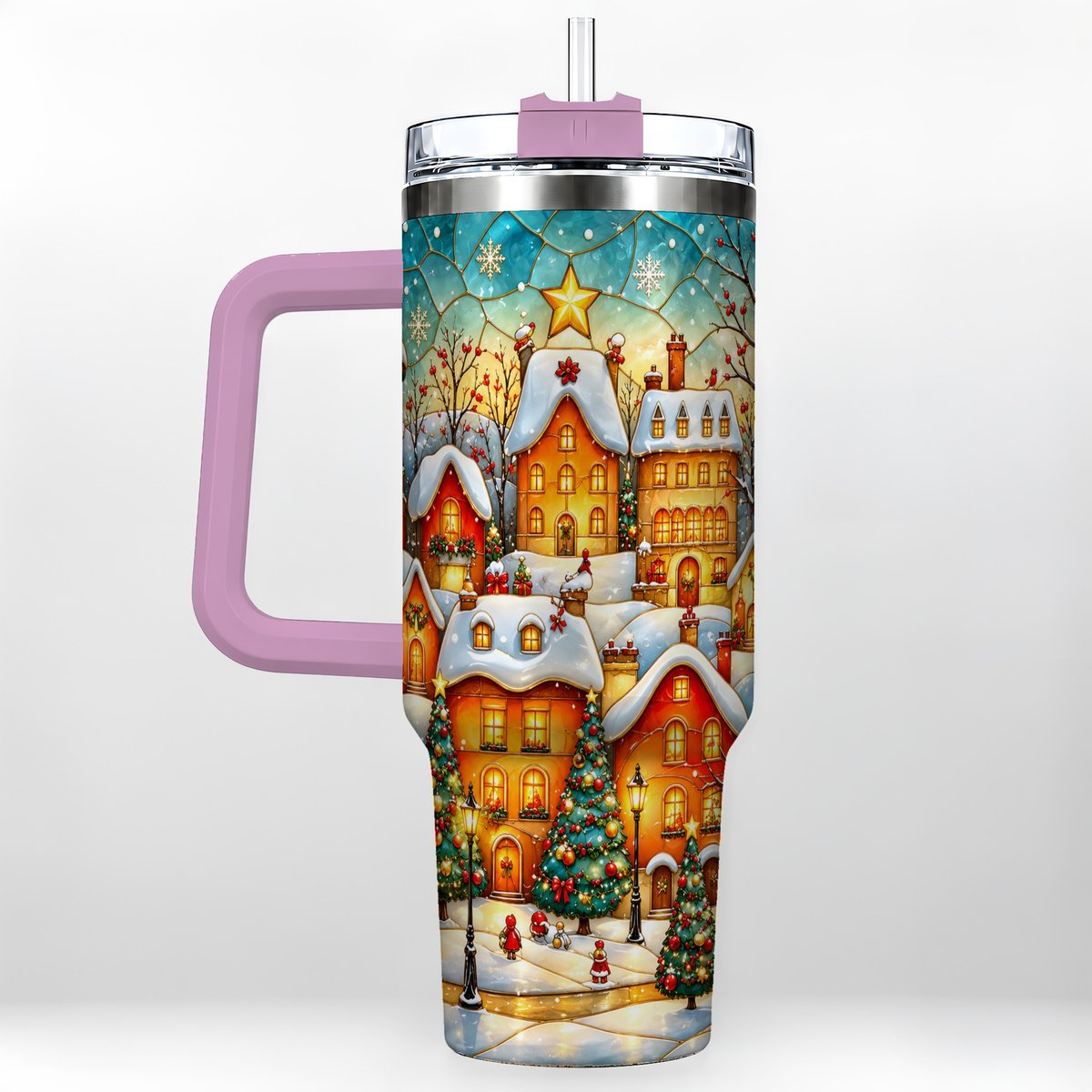 #pl[40oz|Pink] Christmas Village 40oz Tumbler with Handle, Snowy Town Scene