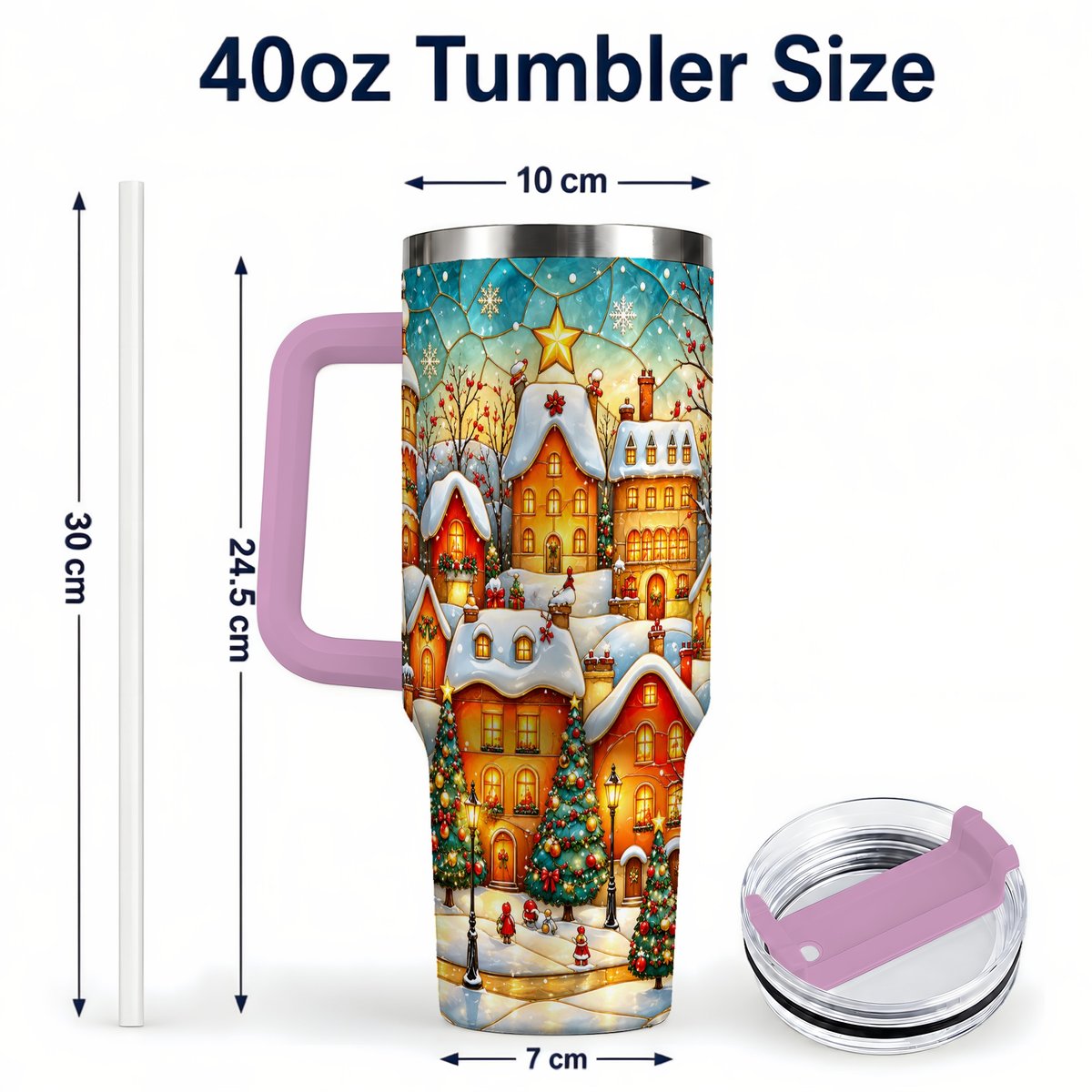#pl[40oz|Pink] Christmas Village 40oz Tumbler with Handle, Snowy Town Scene