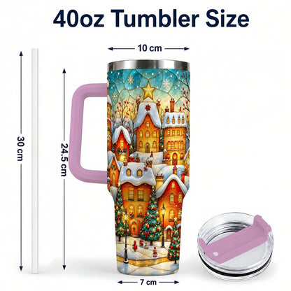 #pl[40oz|Pink] Christmas Village 40oz Tumbler with Handle, Snowy Town Scene