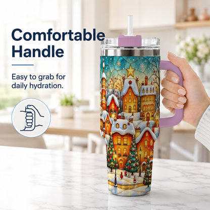 #pl[40oz|Pink] Christmas Village 40oz Tumbler with Handle, Snowy Town Scene