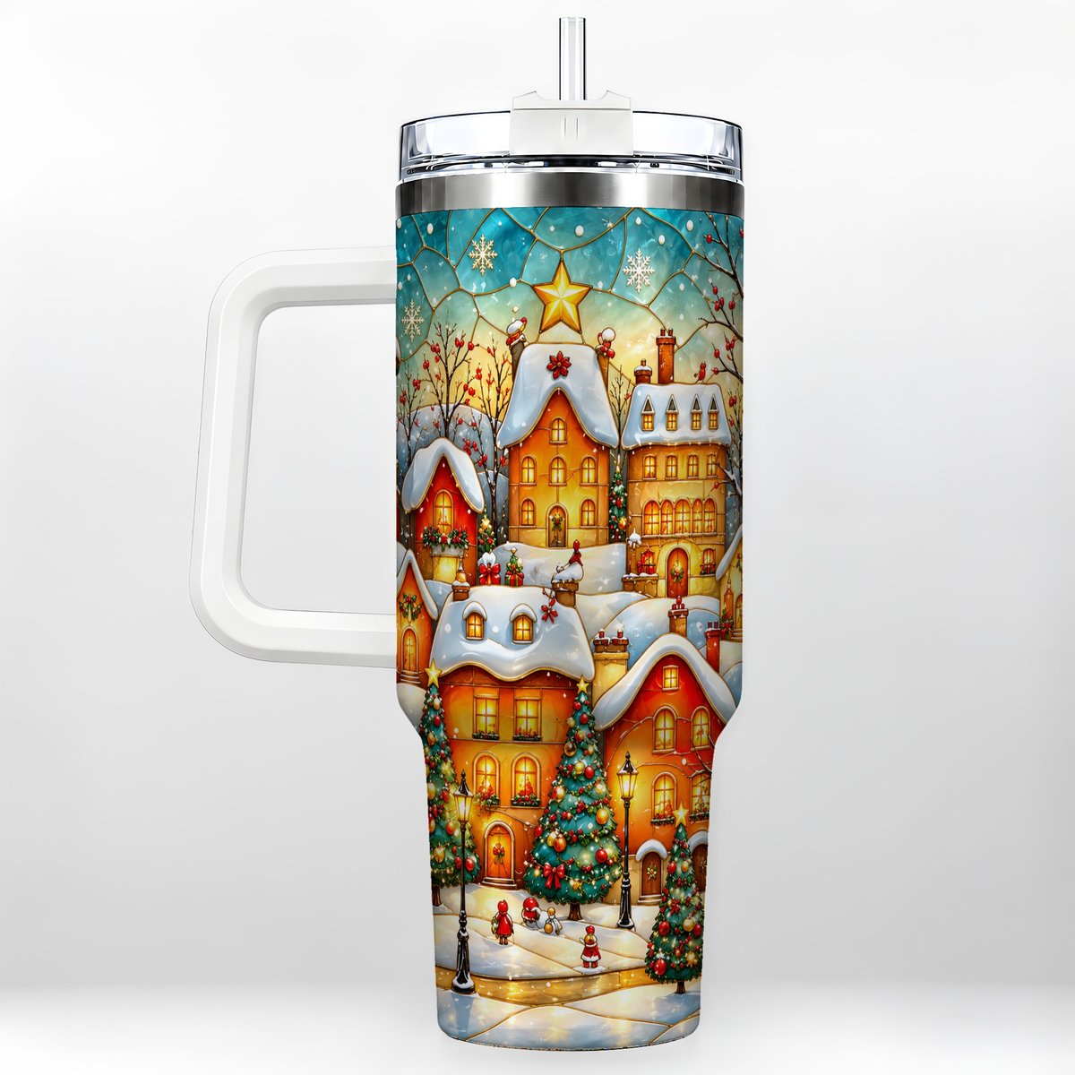 Christmas Village 40oz Tumbler with Handle, Snowy Town Scene