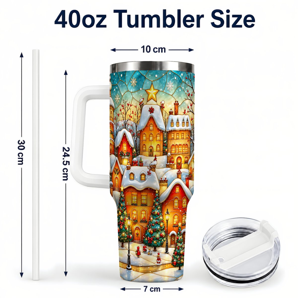 #pl[40oz|White] Christmas Village 40oz Tumbler with Handle, Snowy Town Scene